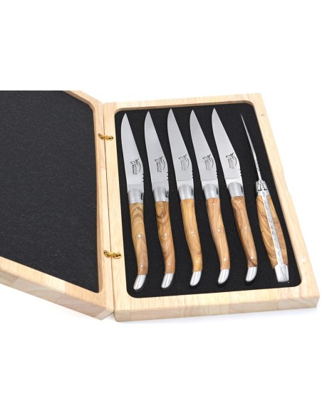 Coffret de couteaux de table de Laguiole avec mitres inox mat, manche galbé en bois d'olivier