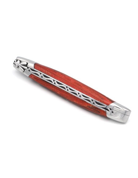 Laguiole pliant, 12 cm, abeille forgée, lame seule, mitres inox brillant, manche Hêtre teinté rouge