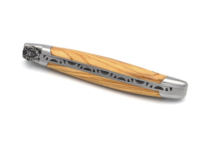 Laguiole pliant 12 cm, tête de lion, lame seule, manche en olivier avec finition inox mat