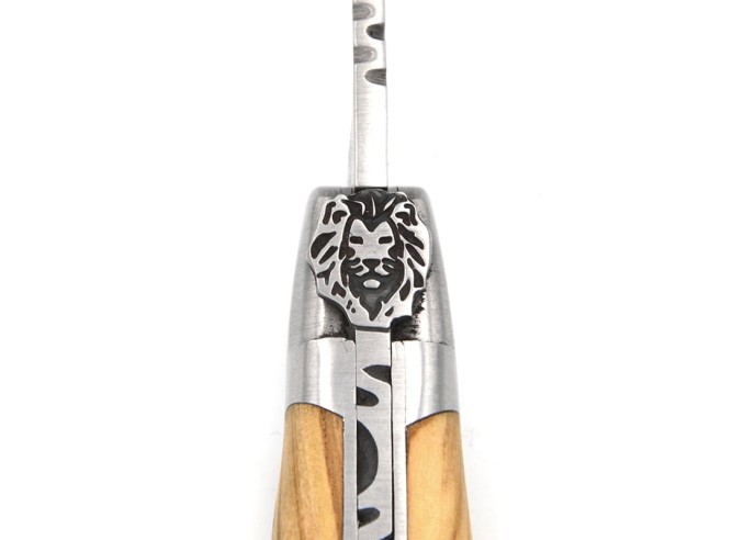 Laguiole pocket knife, 12 cm, lion, olive wood handle with matt bolsters