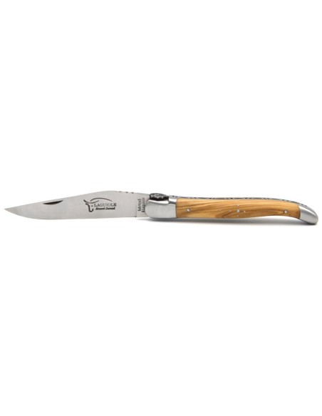 Laguiole Klappmesser, 12cm, Löwenkopf, Heftbacken aus mattem Edelstahl, Griff aus Olivenholz
