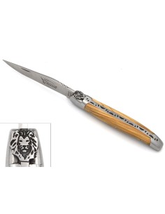 Laguiole Klappmesser, 12cm, Löwenkopf, Heftbacken aus mattem Edelstahl, Griff aus Olivenholz