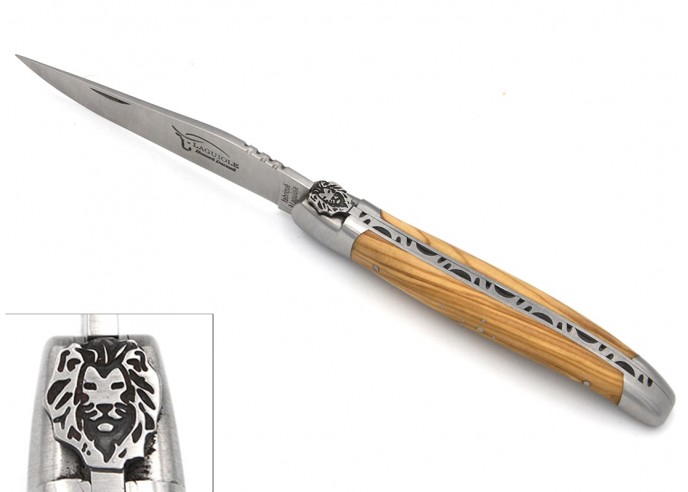 Laguiole pocket knife, 12 cm, lion motiv, olive wood handle with matt bolsters