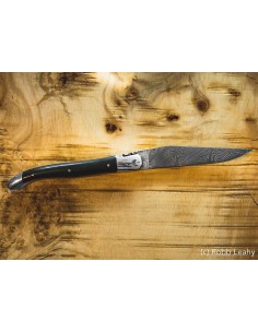 Laguiole 12cm, Damast Klinge, Heftbacken aus glänzendem Edelstahl,  Ebenholz 2