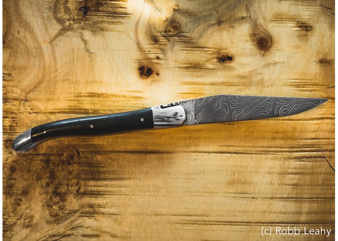 Laguiole pocket knife, 12 cm, forged bee, Damascus steel blade, ebony wood handle with shiny bolsters