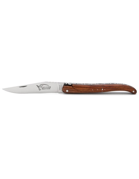 Laguiole Klappmesser, 12cm, Geschmiedete Biene, Voller Griff aus Rosenholz, Glanzendem Oberfläche
