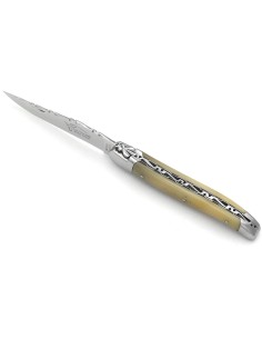 Laguiole pliant 12 cm, abeille forgée, lame seule, ciselé dessus-dessous, mitres inox brillant, manche pointe de corne (claire)