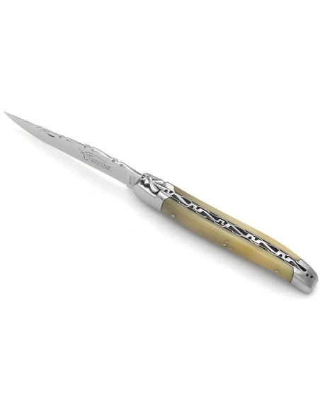 Laguiole Klappmesser, 12 cm, oben und unten ziseliert , Heftbacken aus glänzendem Edelstahl, Griff aus Hornspitze