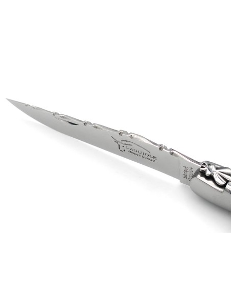 Laguiole pocket knife, 12 cm, forged bee, top and bottom chiseling ,pale horn tip handle with shiny bolsters