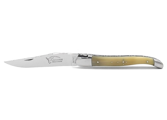 Laguiole pocket knife, 12 cm, forged bee, top and bottom chiseling ,pale horn tip handle with shiny bolsters