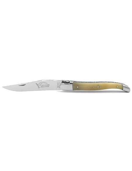 Laguiole Klappmesser, 12 cm, oben und unten ziseliert , Heftbacken aus glänzendem Edelstahl, Griff aus Hornspitze