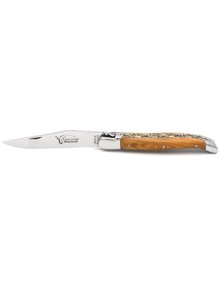 Laguiole 12 cm, abeille forgée, lame seule, doubles platines inox & laiton ciselées, manche en olivier, finition inox brillant