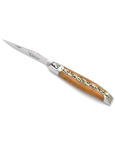 Laguiole 12 cm, abeille forgée, lame seule, doubles platines inox & laiton ciselées, manche en olivier, finition inox brillant