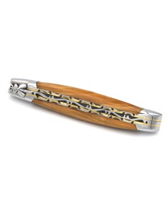 Laguiole 12 cm, abeille forgée, lame seule, doubles platines inox & laiton ciselées, manche en olivier, finition inox brillant 2