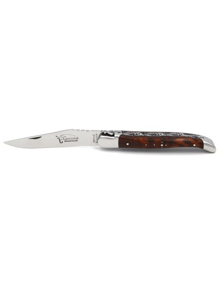 Laguiole pliant 12 cm, abeille classique n°2, doubles platines ciselées, manche en amourette & intercalaire noir, inox brillant