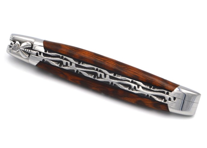 Laguiole Klappmesser 12cm, Klassiche Biene Nr.1, Doppelplatinen, Glanzendem Edelstahl, Schlangenholz mit schwarz Vulkanfiber