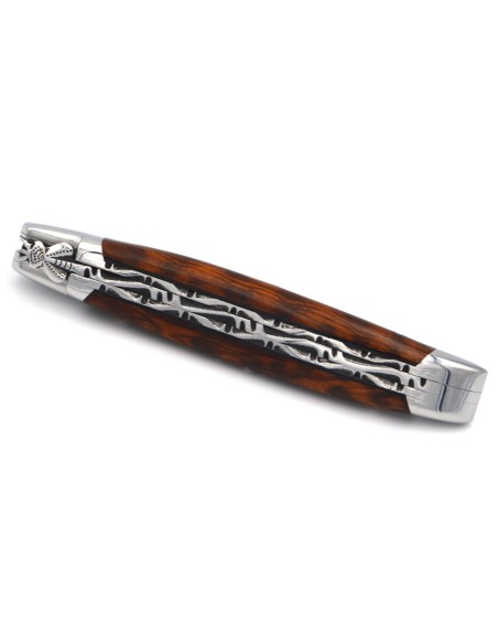 Laguiole pliant 12 cm, abeille classique n°2, doubles platines ciselées, manche en amourette & intercalaire noir, inox brillant