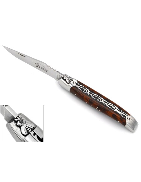 Laguiole pliant 12 cm, abeille classique n°2, doubles platines ciselées, manche en amourette & intercalaire noir, inox brillant