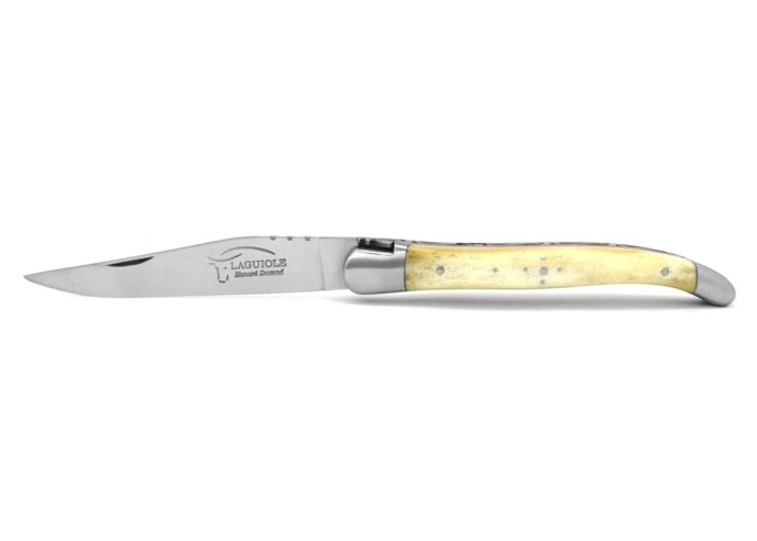 Laguiole Klappmesser 12 cm, geschmiedete Biene, Griff aus Knochen & rot Vulkanfiber