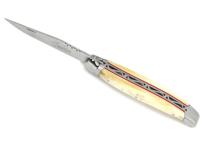 Laguiole Klappmesser 12 cm, geschmiedete Biene, Griff aus Knochen & rot Vulkanfiber