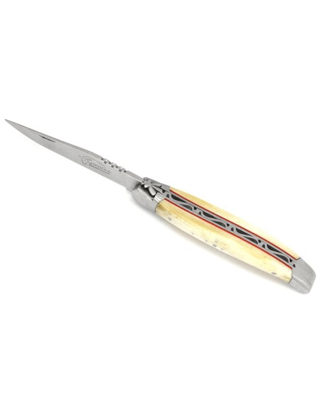 Laguiole Klappmesser 12 cm, geschmiedete Biene, Griff aus Knochen & rot Vulkanfiber