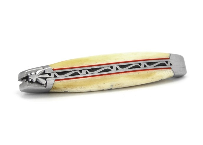 Laguiole pocket knife, 12 cm, forged bee, matt stainless steel bolsters, bone handle & red vulcanized fiber
