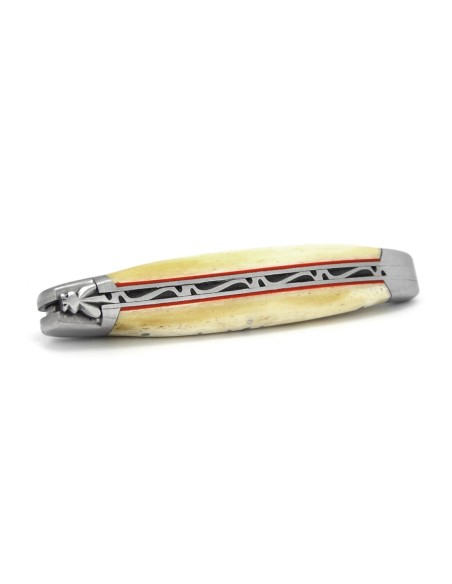 Laguiole pocket knife, 12 cm, forged bee, matt stainless steel bolsters, bone handle & red vulcanized fiber