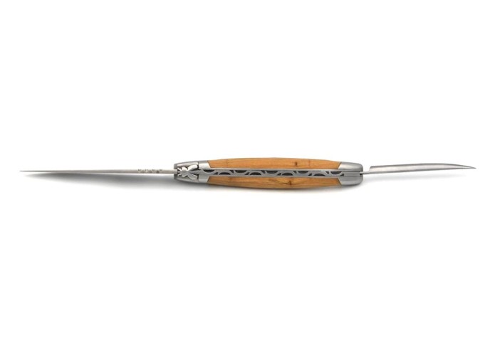 Laguiole pliant 12 cm, abeille forgée, lame et poinçon, manche genévrier avec finition inox mat