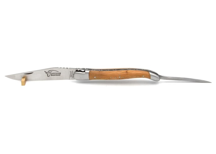 Laguiole Klappmesser, 12cm, Klinge und Dorn, Heftbacken aus mattem Edelstahl, Griff aus Wacholderholz