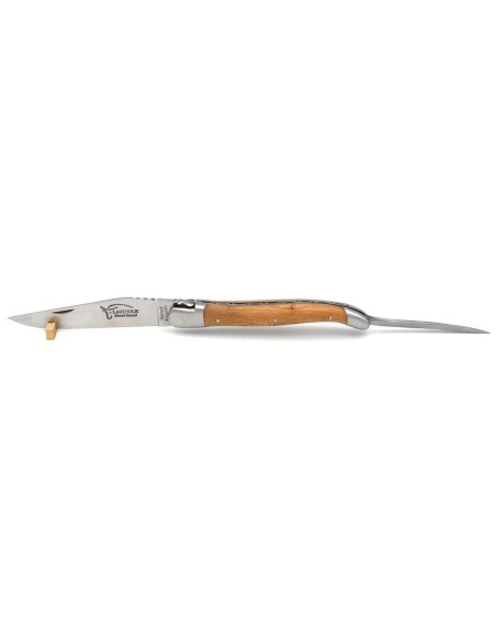 Laguiole pliant 12 cm, abeille forgée, lame et poinçon, manche genévrier avec finition inox mat