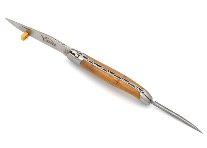 Laguiole pliant 12 cm, abeille forgée, lame et poinçon, manche genévrier avec finition inox mat