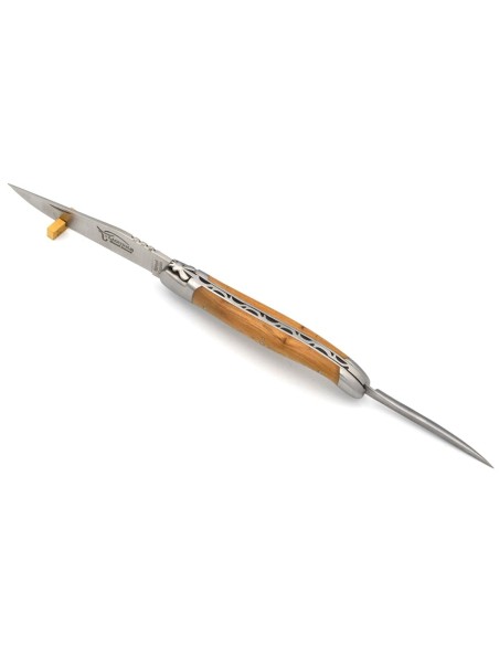 Laguiole pocket knife, 12 cm, forged bee, blade and awl, juniper handle with matt bolsters