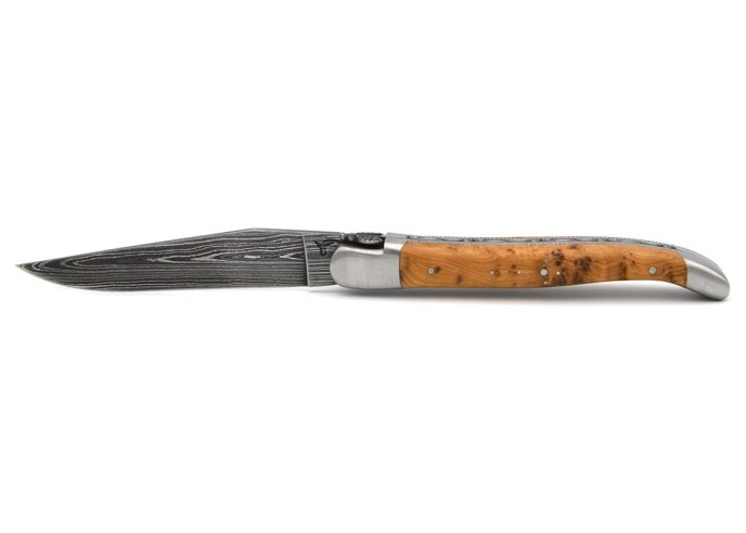 laguiole pliant 12cm lame damas sauvage abeille et ressort ciseles burin manche en genévrier