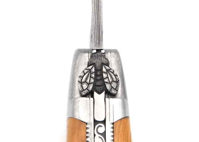 laguiole 12cm damast klinge biene und feder mit meissel handziseliert griff aus wacholder