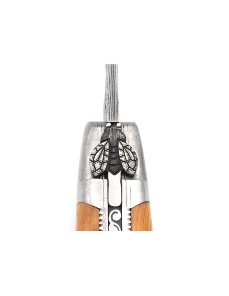 laguiole pliant 12cm lame damas sauvage abeille et ressort ciseles burin manche en genévrier