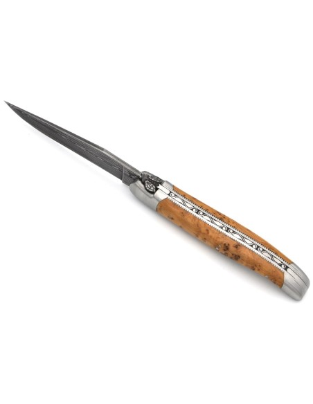 laguiole pocket knife 12 cm bee and spring chiseled with file damascus steel blade juniper handle