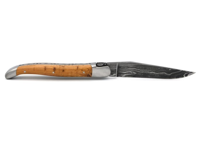 laguiole pliant 12cm lame damas sauvage abeille et ressort ciseles burin manche en genévrier