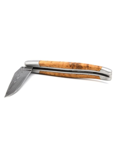 laguiole pliant 12cm lame damas sauvage abeille et ressort ciseles burin manche en genévrier