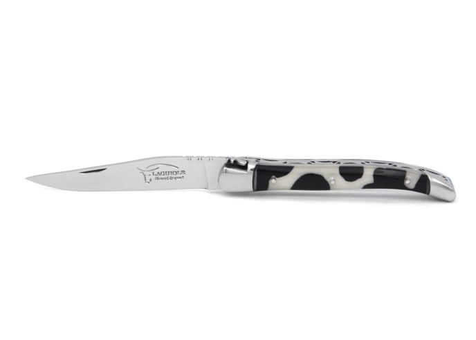Laguiole pocket knife, 11 cm, forged bee, cow pattern inclusion handle with shiny bolsters