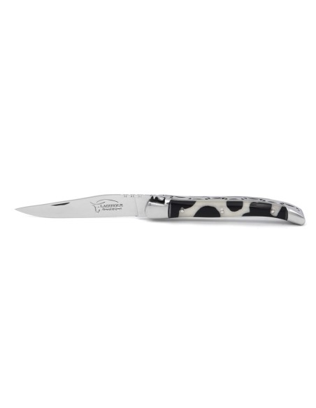 Laguiole pocket knife, 11 cm, forged bee, cow pattern inclusion handle with shiny bolsters