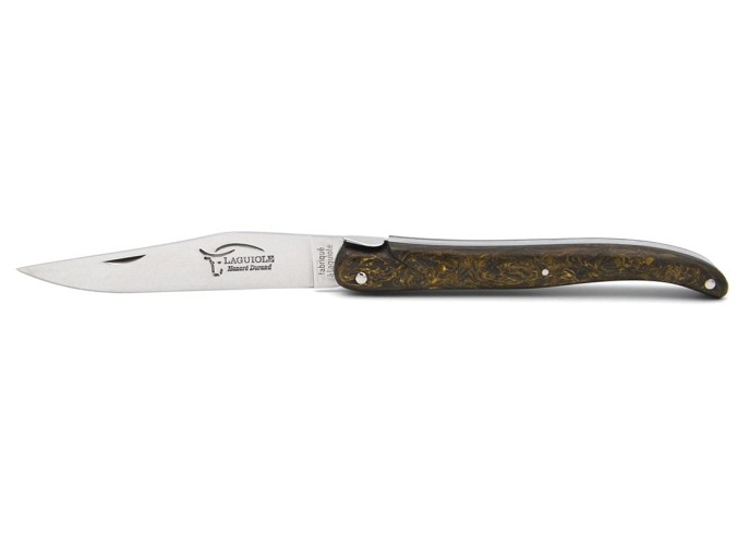 Laguiole pliant 12 cm, abeille forgée, lame seule, plein manche en fibre de carbone dorée sans croix du berger