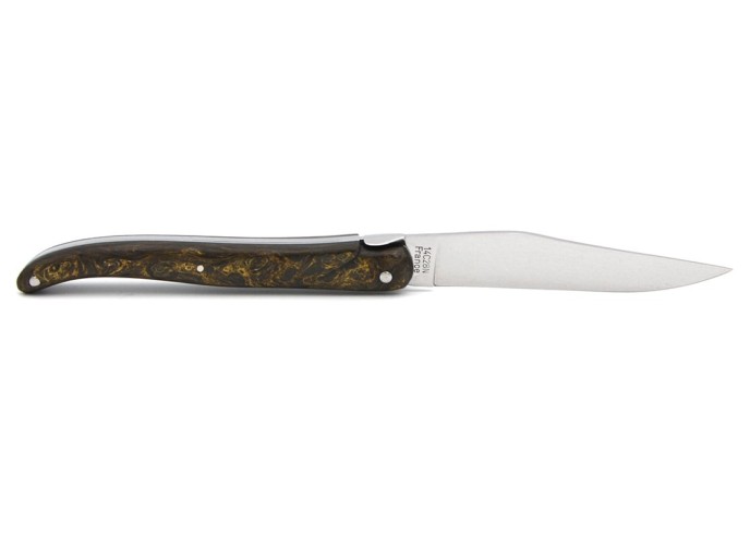 Laguiole pocket knife, 12 cm, forged bee, golden carbon fiber full handle without Shepherd's cross