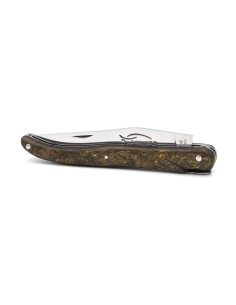 Laguiole pliant 12 cm, abeille forgée, lame seule, plein manche en fibre de carbone dorée sans croix du berger