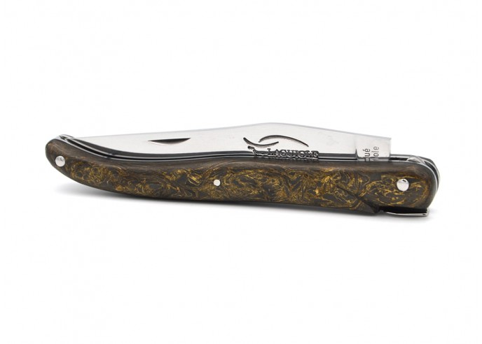 Laguiole pocket knife, 12 cm, forged bee, golden carbon fiber full handle without the Shepherd's cross