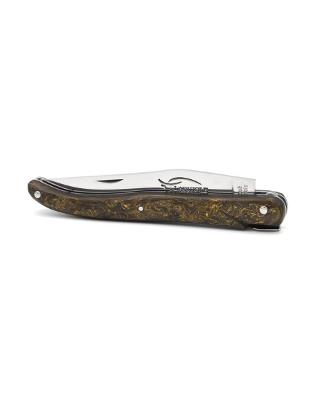 Laguiole Klappmesser, 12cm, Geschmiedete Biene, voller Griff aus goldene Carbonfaser, ohne Hirtenkreuz