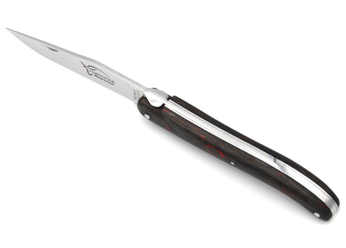 Laguiole pliant 12 cm, abeille forgée, lame seule, plein manche en fibre de carbone rouge sans croix du berger