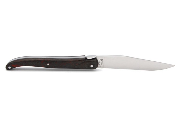 Laguiole pliant 12 cm, abeille forgée, lame seule, plein manche en fibre de carbone rouge sans croix du berger