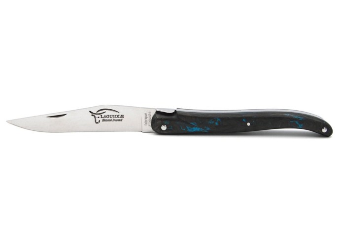 Laguiole Klappmesser, 12cm, Geschmiedete Biene, voller Griff aus blaue Carbonfaser, ohne Hirtenkreuz