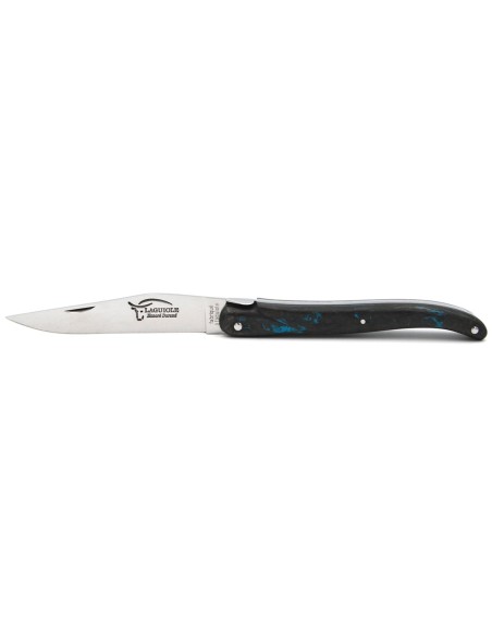 Laguiole Klappmesser, 12cm, Geschmiedete Biene, voller Griff aus blaue Carbonfaser, ohne Hirtenkreuz