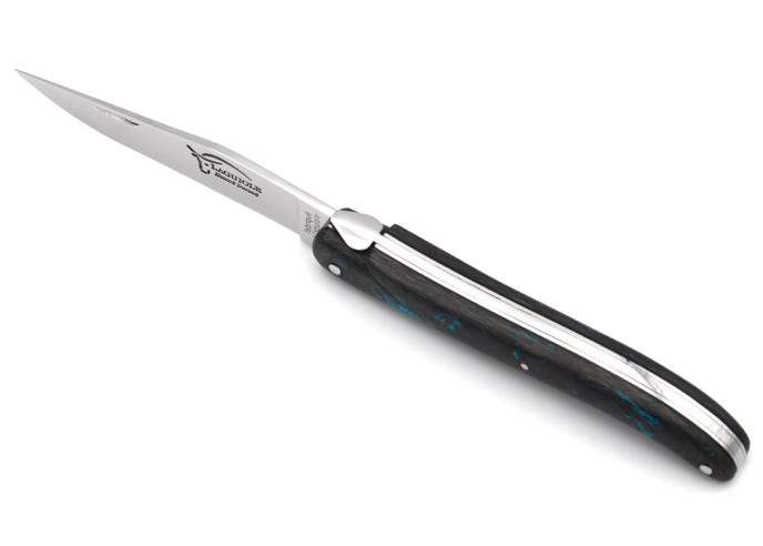 Laguiole Klappmesser, 12cm, Geschmiedete Biene, voller Griff aus blaue Carbonfaser, ohne Hirtenkreuz